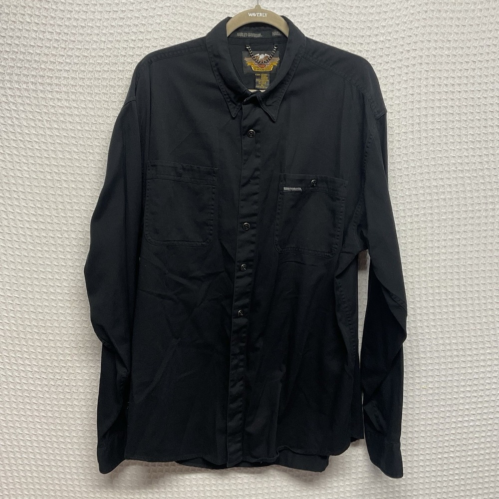 Harley-Davidson Black Embroidered Button-up Long Sleeve Mens XL 100% Cotton Flaw